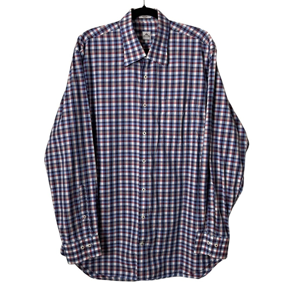 Peter‎ Millar Shirt Mens Large Blue Red Gingham Check Cotton Long Sleeve Preppy